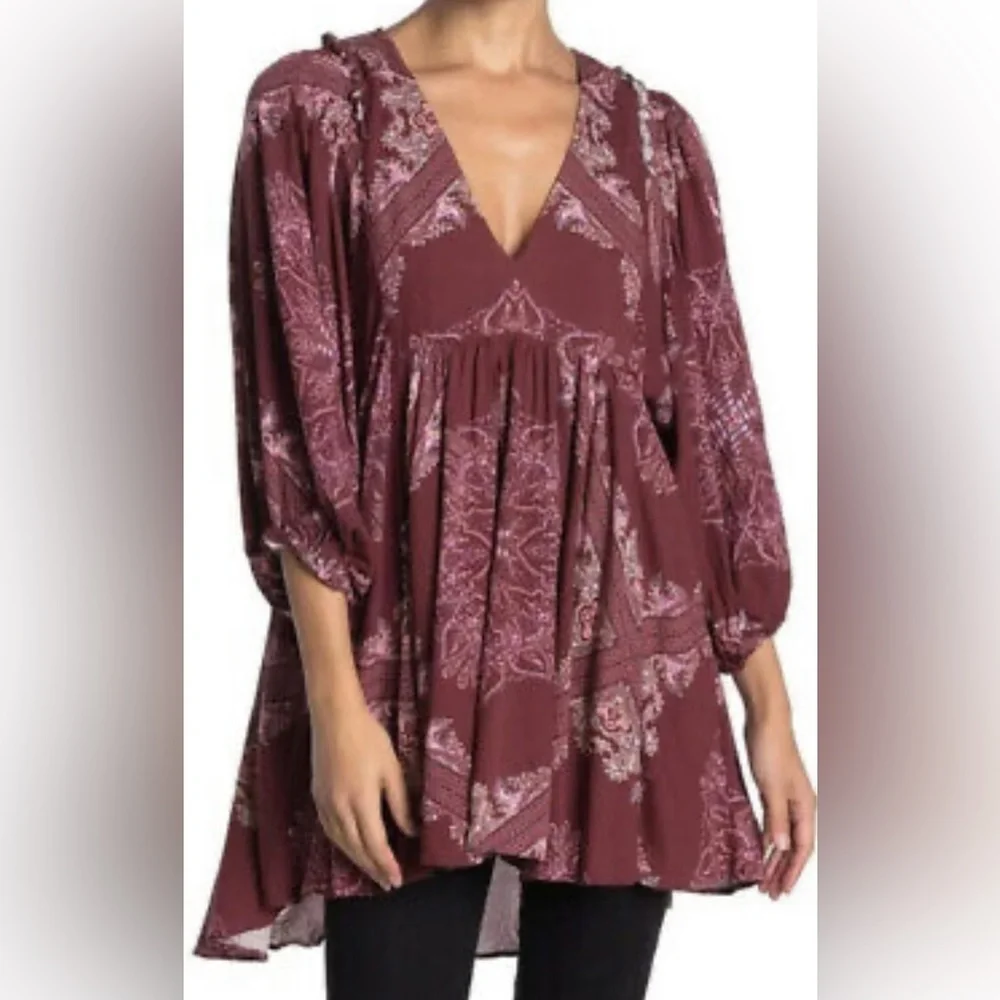 Free People Girl Talk Printed Tunic Top - Pomegranate Combo - Picture 15 of 15
